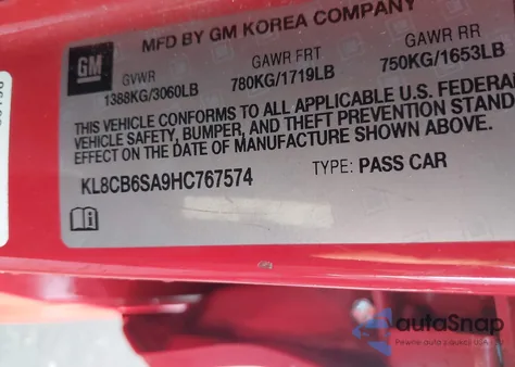 2017 Chevrolet Spark Ls Cvt z USA, uszkodzony, nr VIN KL8CB6SA9HC767574